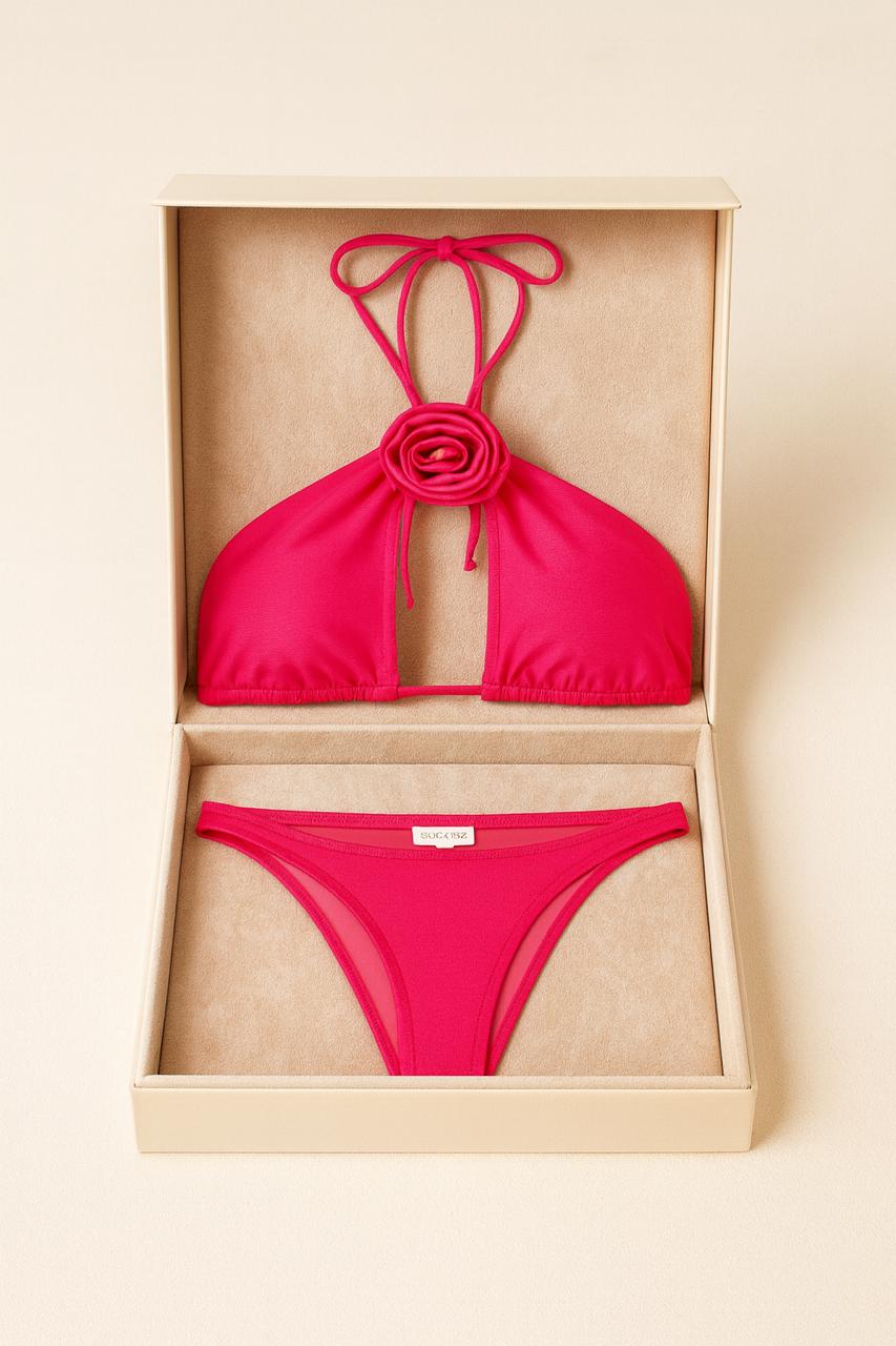 Turn Heads in Our Hot Pink Rose Halter Bikini Set 🌺