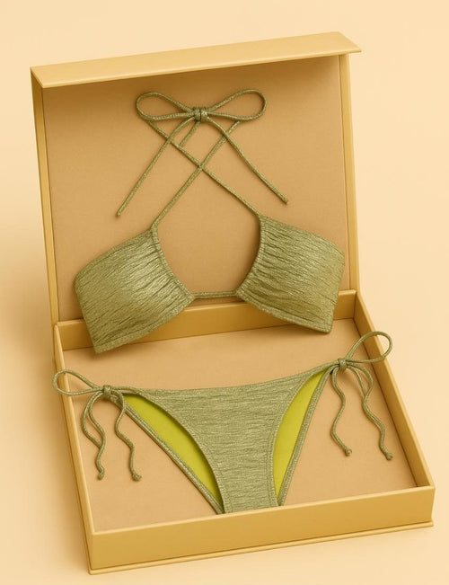 Metallic Olive Criss-Cross Bikini Set – Effortlessly Chic, Unapologetically Bold