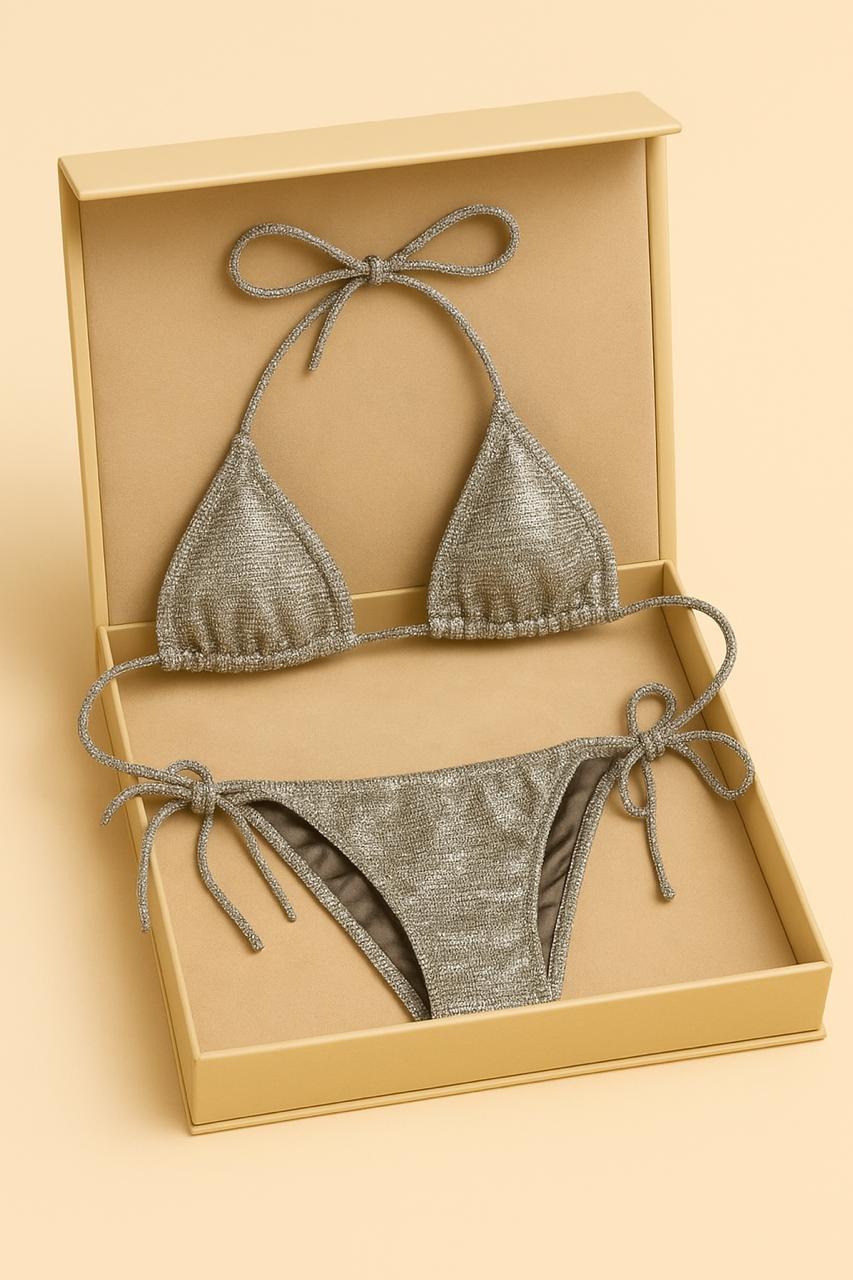 Silver Shimmer Tie Bikini Set – Glow with Confidence