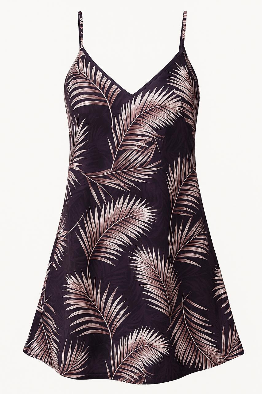 Tropical Palm Print Slip Dress – Lightweight Spaghetti Strap Nightdress