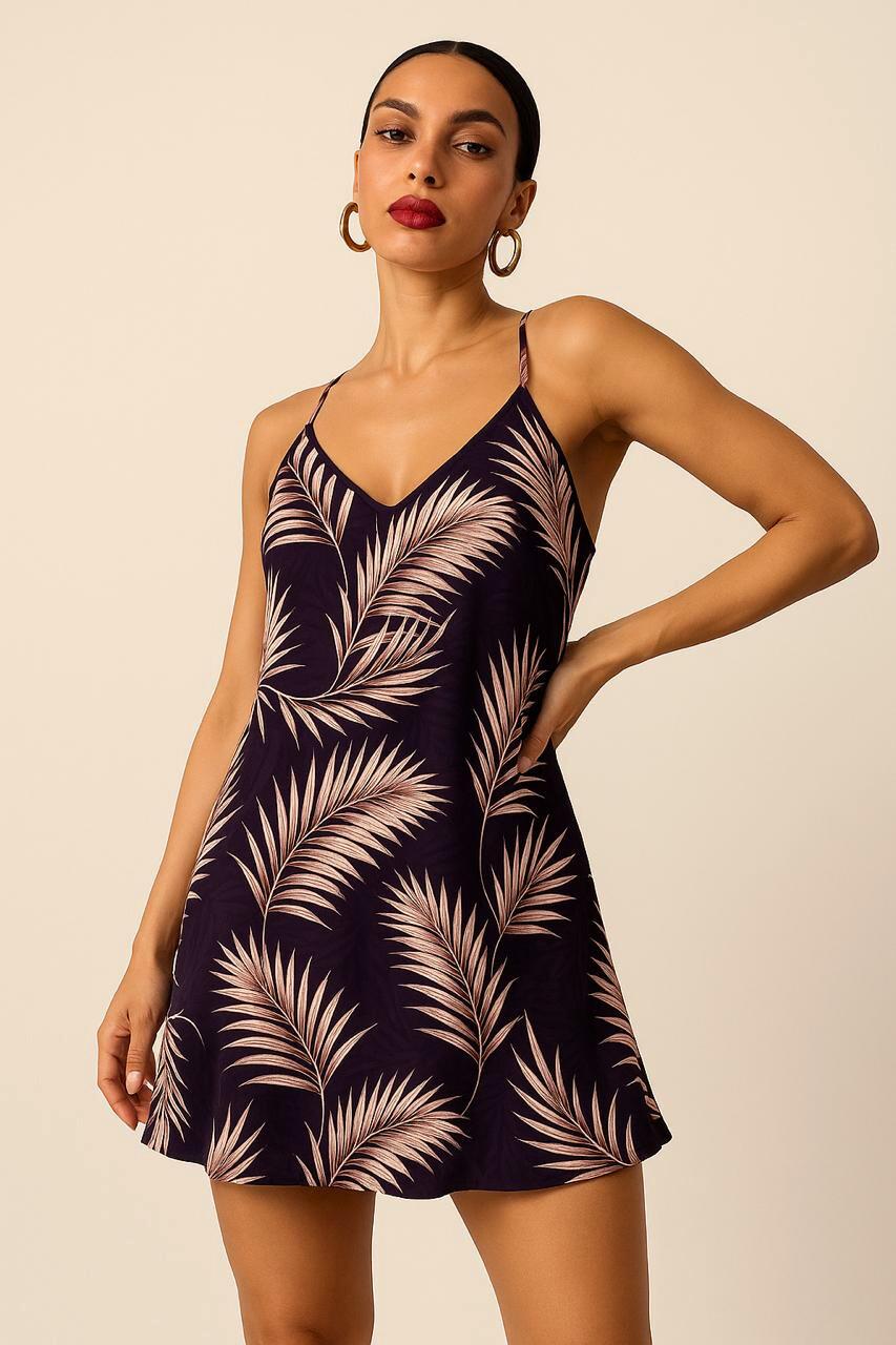 Tropical Palm Print Slip Dress – Lightweight Spaghetti Strap Nightdress