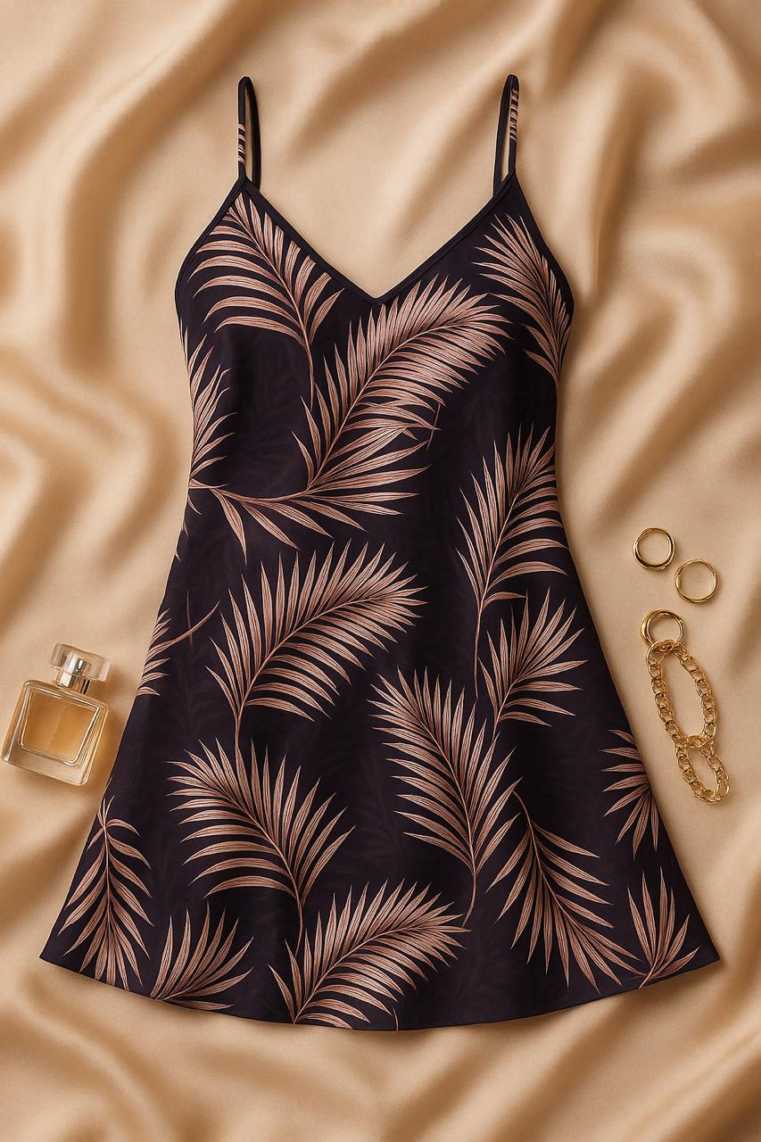 Tropical Palm Print Slip Dress – Lightweight Spaghetti Strap Nightdress
